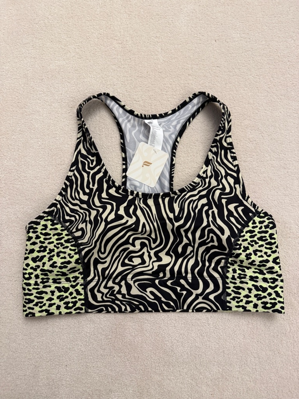 Fabletics On the Go Medium Impact Sports Bra in Marbled Zebra NWT XL